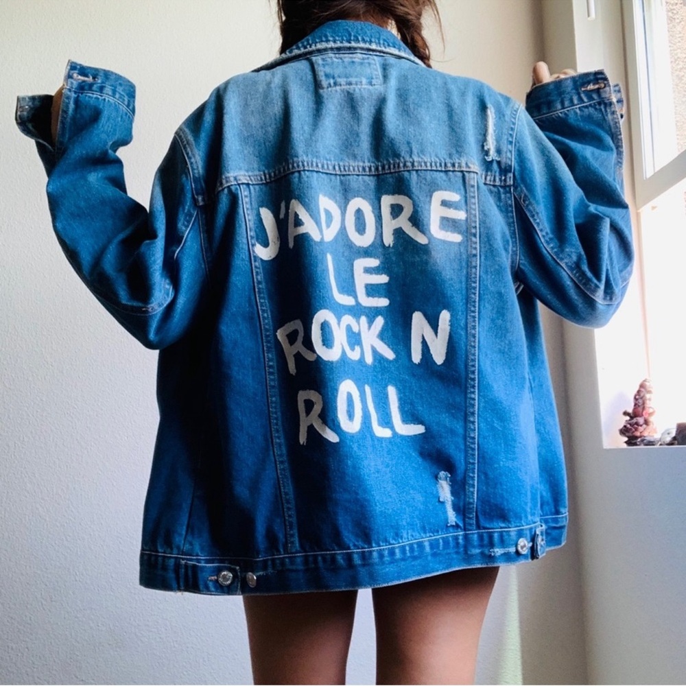 Forever 21 J’adore Le Rock N’ Roll Distressed Blue Denim Jean Jacket Small
